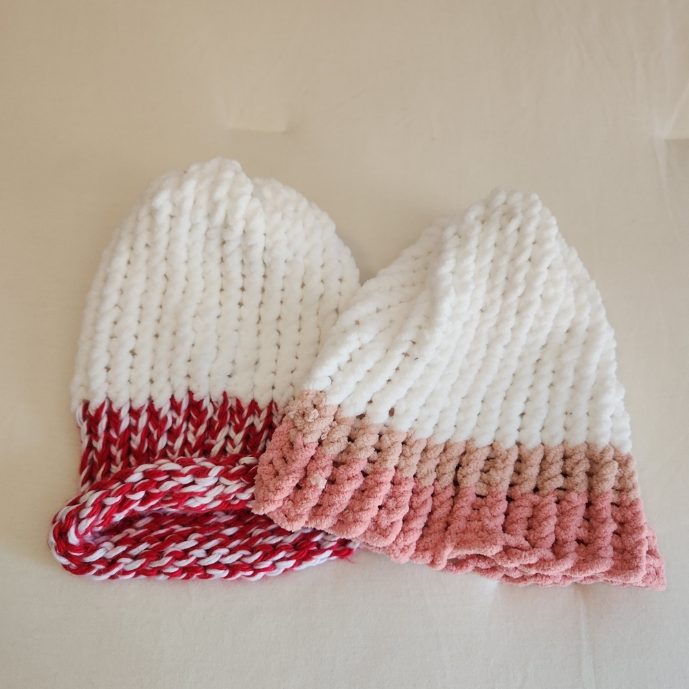 Bundle of 2 Handmade Knit Little Girls Winter Hats Beanies